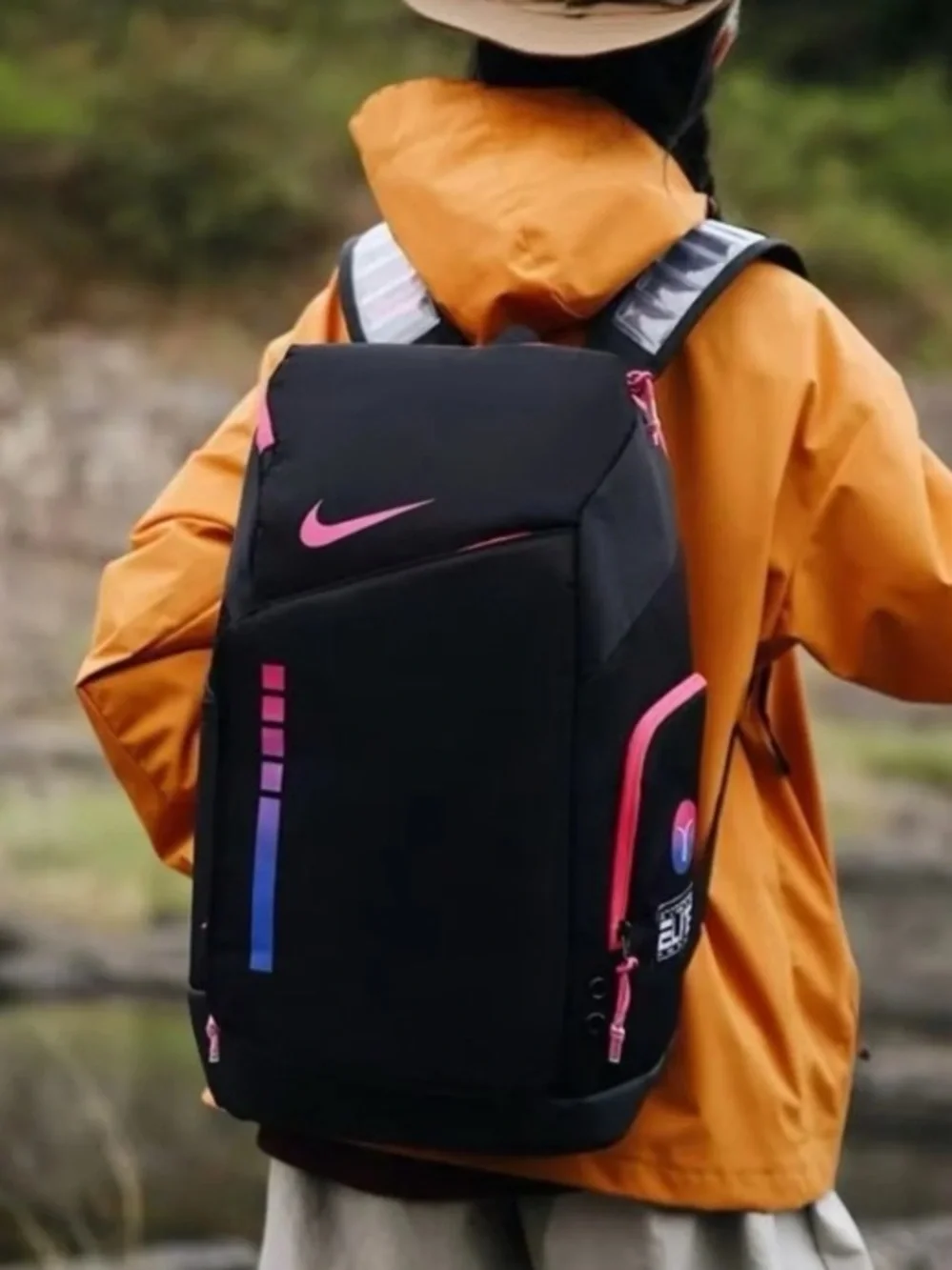 Nike Black Backpack with Pink and Blue Accent Details